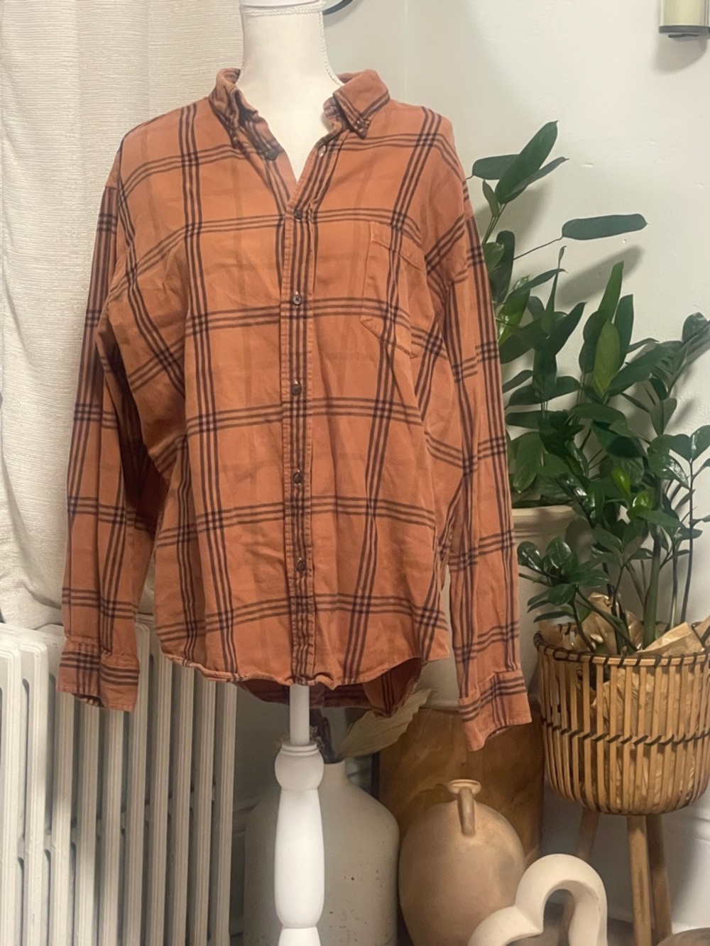 Burnt Orange Plaid Button-Up Shirt